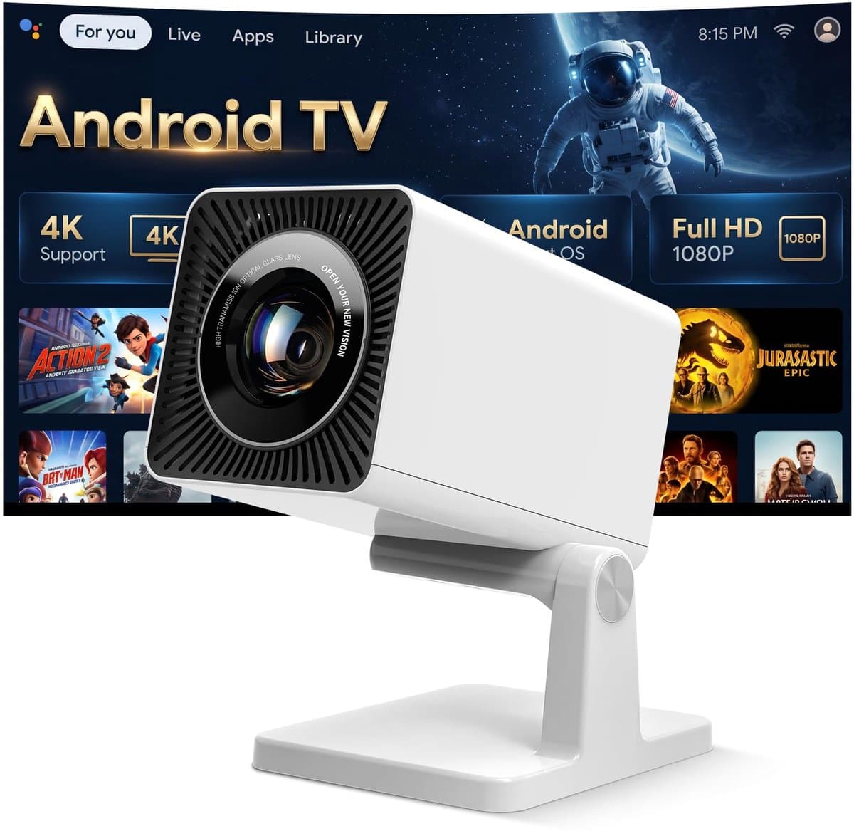 SnelShoppen - Smart Beamer 4K-decodering met 2 GB RAM, 16 GB ROM, ingebouwde streaming-apps, WiFi 6, Bluetooth 5.4, automatische beeldcorrectie, optis — afbeelding 1