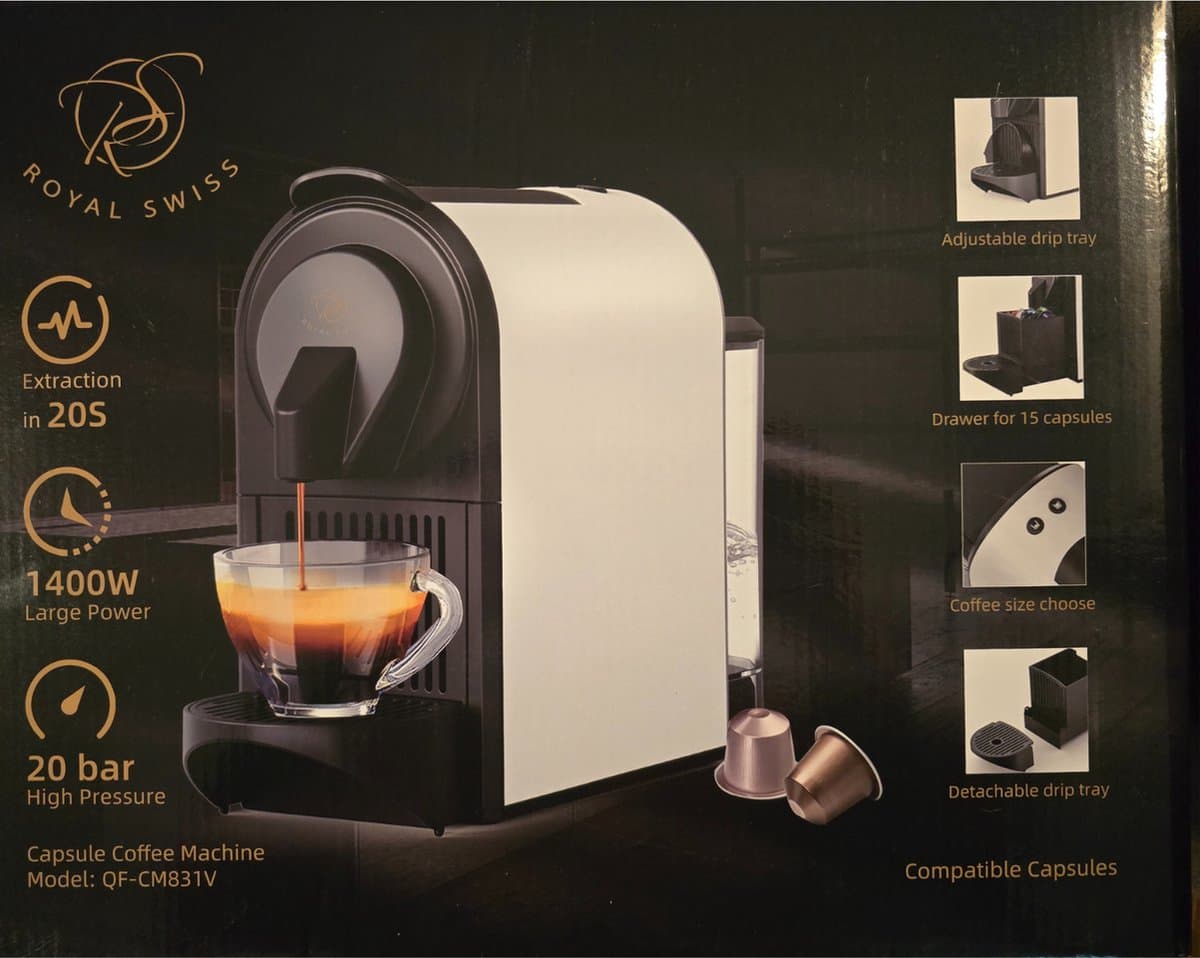 Royal Swiss Koffiecupmachine 1400W - 20 Bar Hoge Druk - 700ml Reservoir - Compatibel met Nespresso Capsules — afbeelding 1