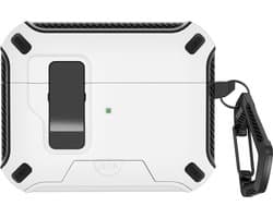Ainy - PRO hardcase wit met telefoon houder - Geschikt voor Apple Airpods Pro 2 / Pro 1 | case met sleutelhanger | schokbestendig | Uitsparing voor oplaadpoort & draadloos opladen ondersteund | v cadeau