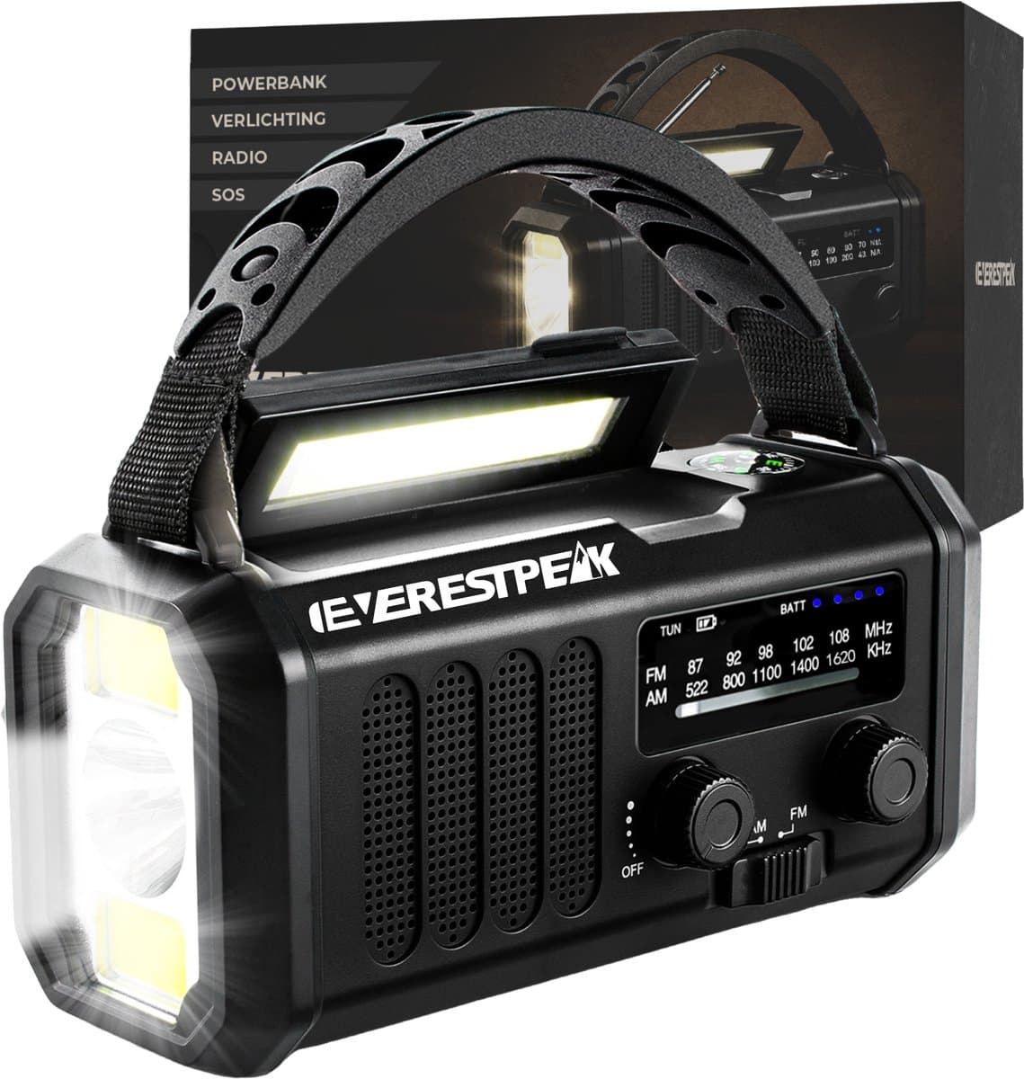 EverestPeak® Noodradio Zwart - Solar Opwindbaar - 10.000mAh - Solar powerbank - Survival Noodpakket — afbeelding 1