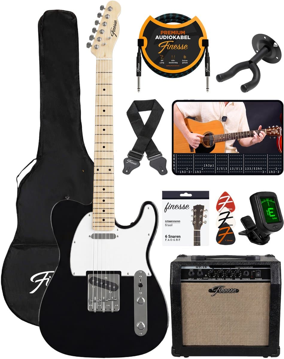 Finesse Elektrische Gitaar met Versterker - met Videocursus - TE Gitaar - Volwassenen - Kind - Zwart — afbeelding 1