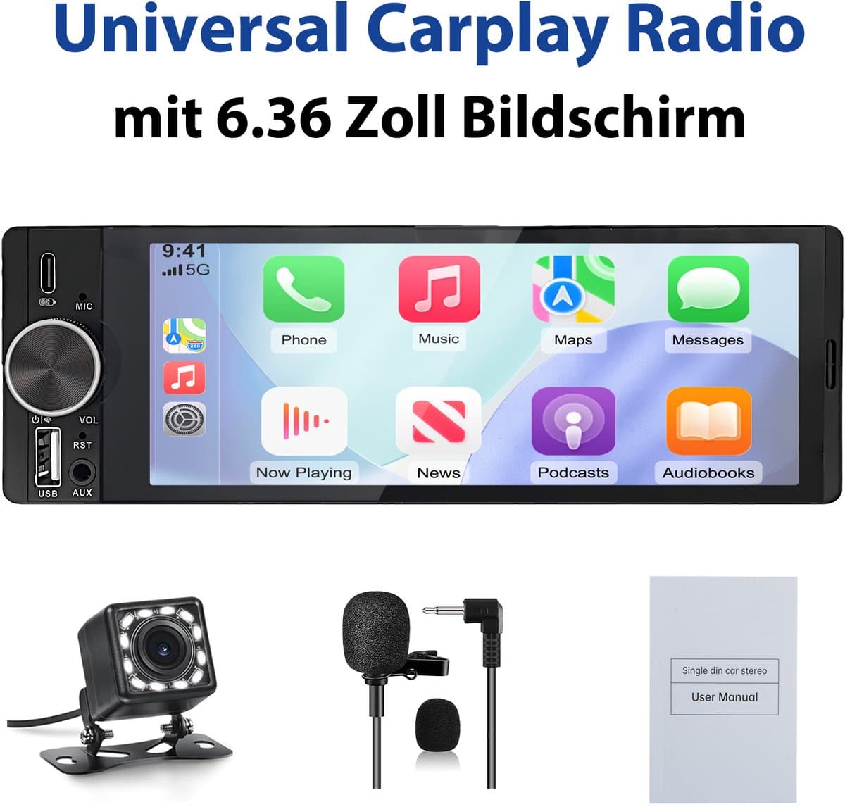 JUNSUN 1DIN FM autoradio -Draadloos Carplay Android Auto - Bluetooth - Achteruitrijcamera & Microfoon - Plag & Play met 6,36" scherm RDS, USB, Stuurwielbediening — afbeelding 1