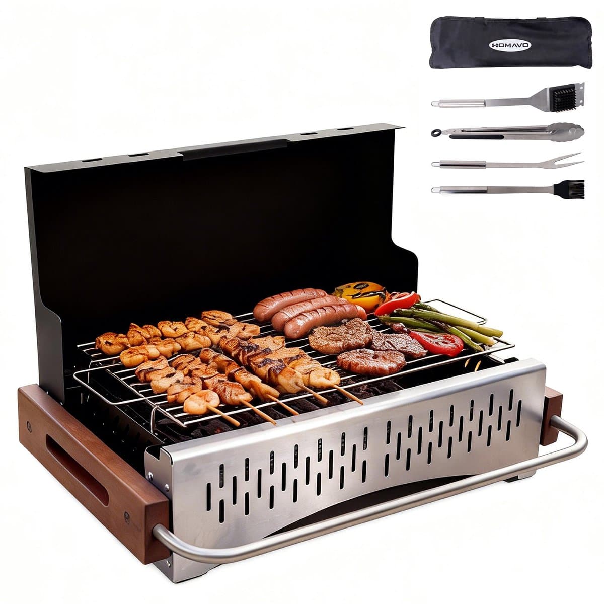 Homavo opvouwbare houtskoolgrill, 38.15*20.95cm, compacte houtskoolbarbecue voor buiten, met gereedschapsset, geschikt voor kamperen, picknicken, tuin, voor 1-4 personen — afbeelding 1