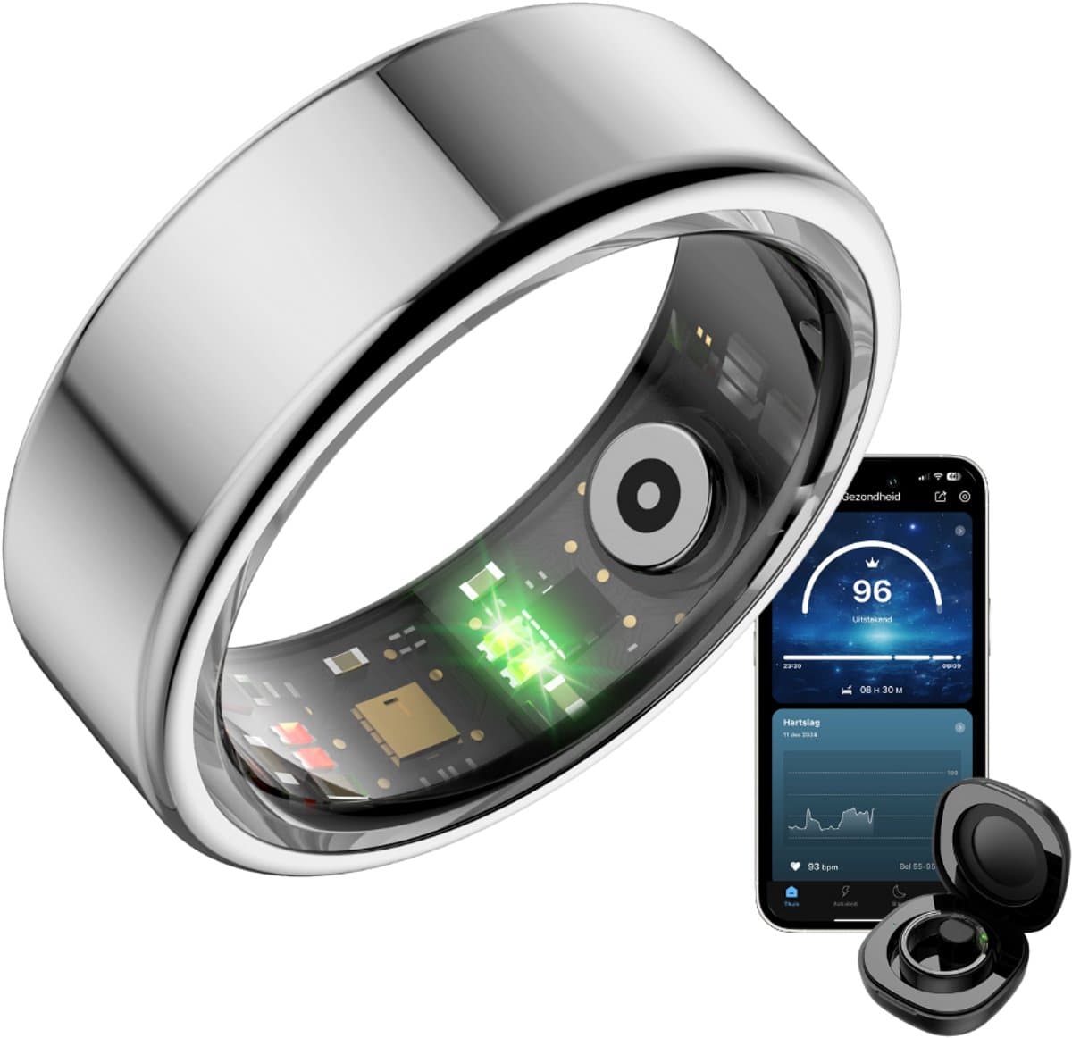 Focus® S1 Smart Ring - Zilver - Maat 9 - Hartslag - Menstruatiecyclus - Slaap Monitor - Slimme Ring - Sport Prestatie - Stappenteller -IP68 Waterdicht - O2 Meting - Dames - Heren - Wearables - Oplaad Case - beschermring — afbeelding 1