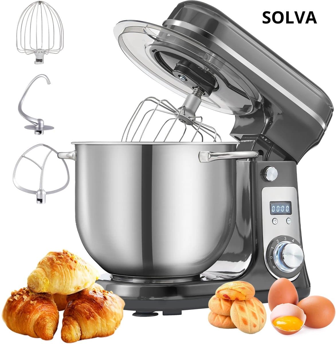 SOLVA Keukenmachines - Deegmachine - Kneedmachine - Deegmixer - 6 Versnellingen - 1200W - 240V - 6L - 35,1×28,5×31,2 cm - Grijs — afbeelding 1