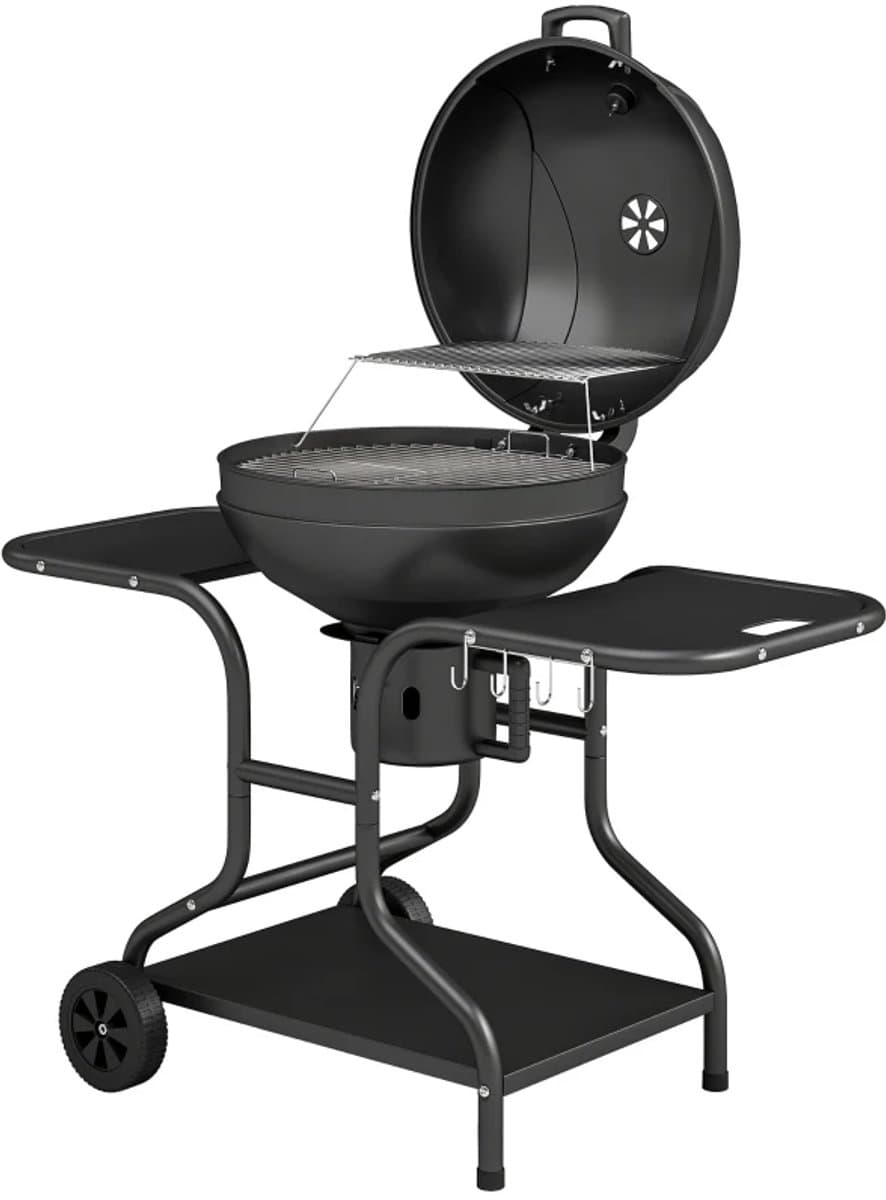 Premie Houtskool Barbecue - Houtskoolgrill met Rookfunctie - Grillrooster - Grilloppervlak Ø54 cm - met Bijzettafels, Deksel, Thermometer en Wielen - BBQ voor Kamperen, Buiten, Tuin - 129 x 63,5 x 106,5 cm - Zwart — afbeelding 1