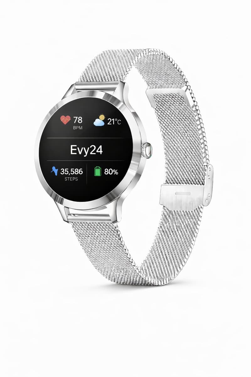 Evy24 Smartwatch Dames 35mm - AMOLED Horloge - Stappenteller - Slaapmonitor - Saturatiemeter - Bluetooth Bellen - Geschikt voor Android & iOS - Zilver — afbeelding 1