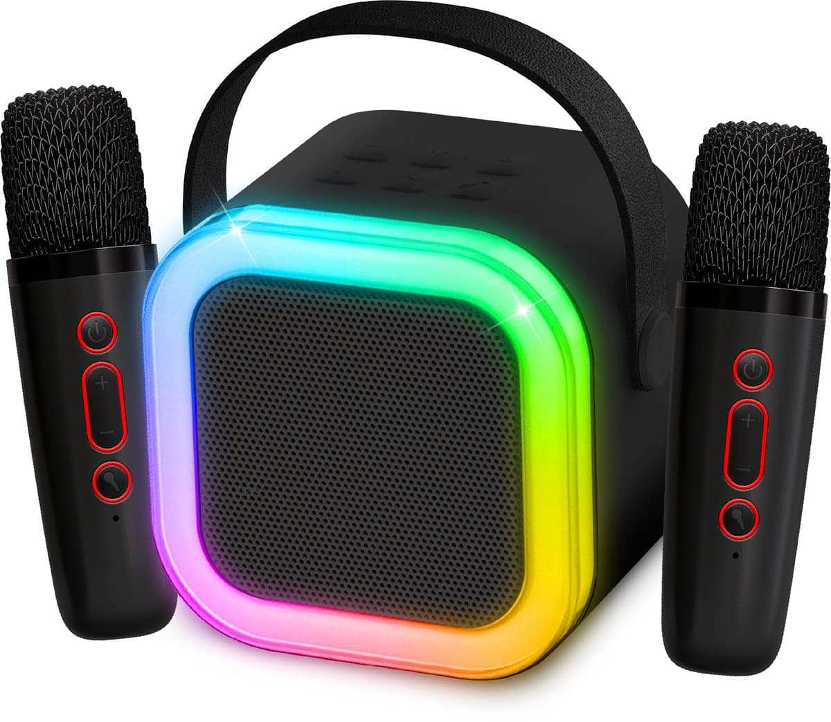 PartyFunLights Mini duo karaoke set party speaker - met twee microfoons zwart - Discoverlichting - Draadloos - Voor volwassenen en kinderen — afbeelding 1