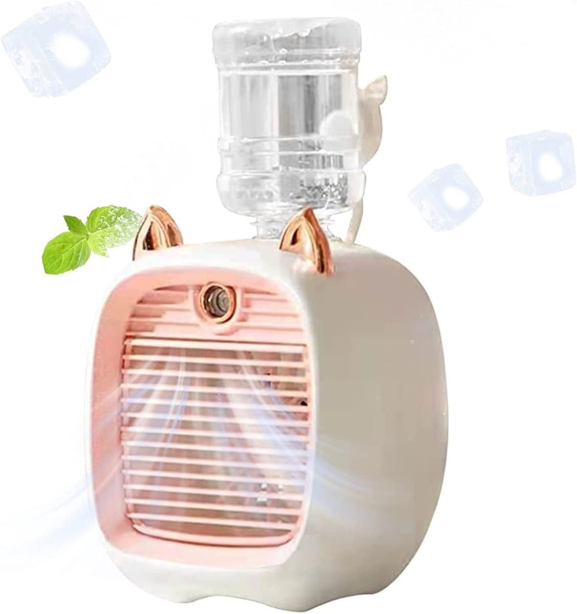 Fan-aircooler-Bureauventilator-Mini Luchtkoeler met Mist en Nachtlampje – Draagbare 3-in-1 Tafelventilator met Luchtkoeling, Luchtbevochtiger en LED-lamp – 3 Snelheden – USB Oplaadbaar – Geweldig voor Kantoor, Slaapkamer en Zomer – roze — afbeelding 1