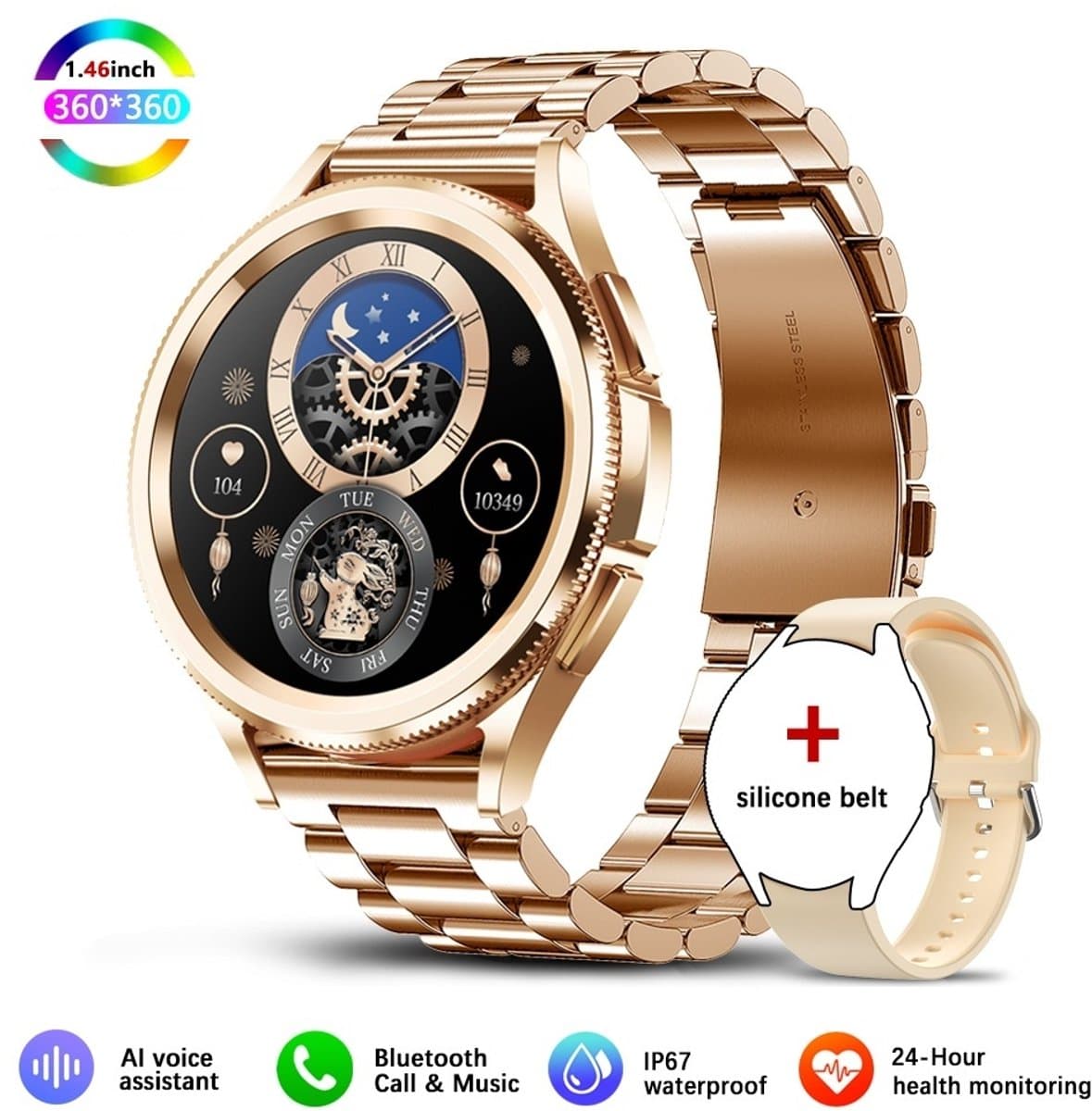 Knobbout Slimme Bluetooth Smartwatch 1.46" – Full HD Kleuren Display – Hartslag & Bloeddruk & Bloedzuurstof – Bluetooth Bellen, Muziek, AI Spraakbesturing – Vrouwen Gezondheid, Waterdicht – iOS & Android - Roségouden staal+silicone horlogebandjes — afbeelding 1