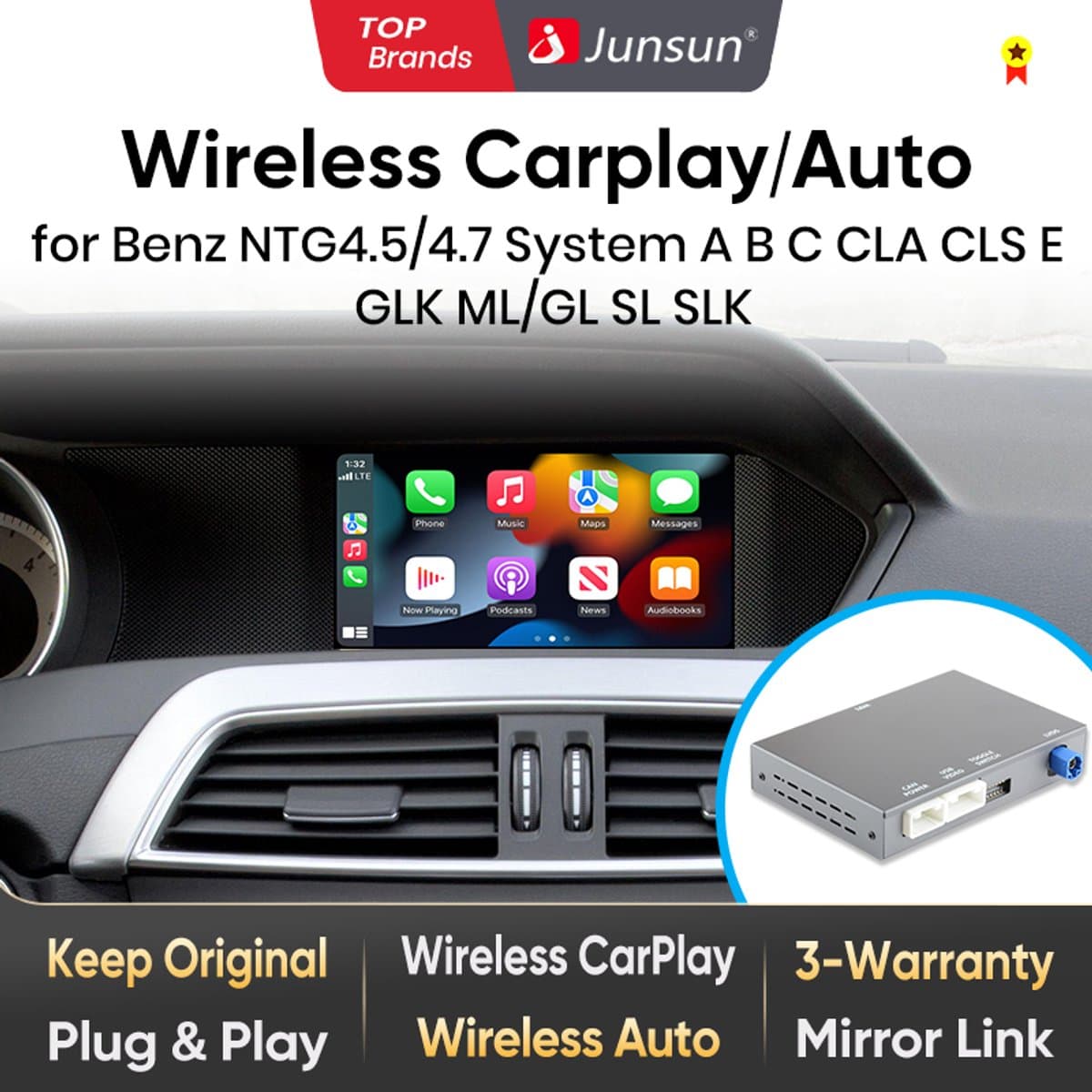 JUNSUN Draadloze CarPlay Android Auto Interface Module NTG4.5/4.7 Geschikt voor Mercedes Benz A B C CLA CLS E GLK ML — afbeelding 1