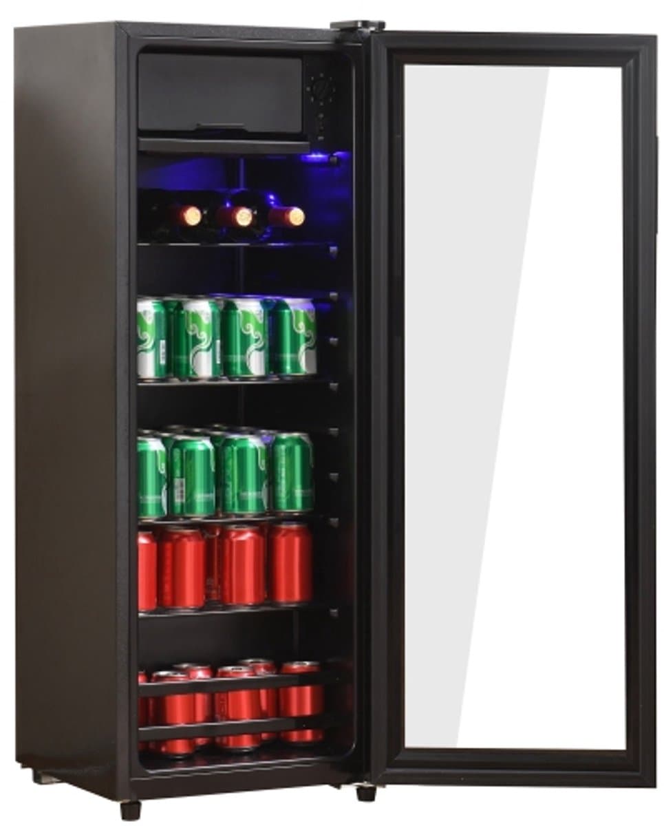128lmini koelkast, 8l kast+120L koelkast, bevat 94 doses limonade, water, bier of wijn. Ruis -laag werking, compressor koelsysteem, energie -efficiënt, verstelbare planken, blauw — afbeelding 1