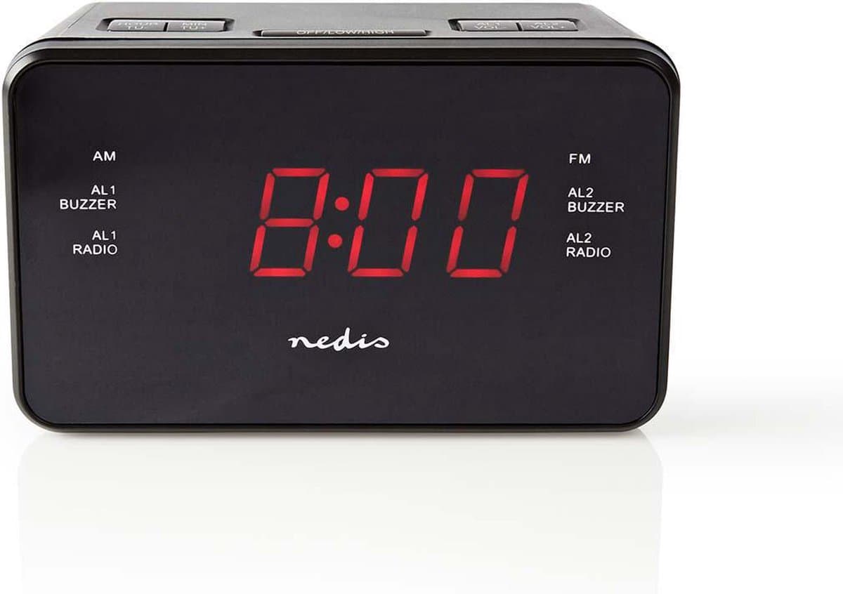 Nedis Wekkerradio - AM / FM - Tijdprojectie - Snoozefunctie - 2 Alarmen - Zwart — afbeelding 1
