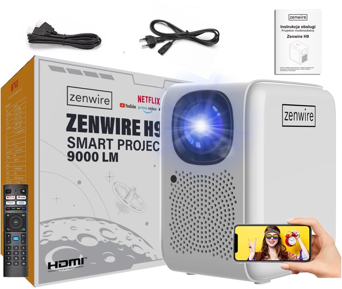 Zenwire H9 Beamer - Full HD - 4K projector 12000lm - 400 Ansi - WiFi 2.4/5 GHz - Miracast - Aircast - Linux - SMART TV gecertificeerd Netflix - Autofocus - Bluetooth 5.1 - 36-200” inch — afbeelding 1