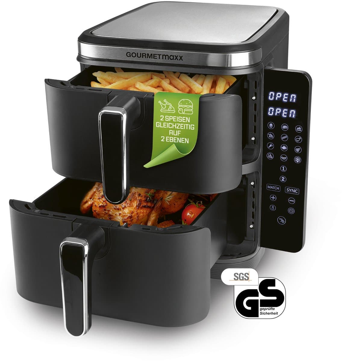 GOURMETmaxx FryUp Vertical Double Chamber Hot Air Fryer | vertical air fryer | folding touch display | 32% more space-saving | capacity 10L | hot air fryer 2 chambers — afbeelding 1