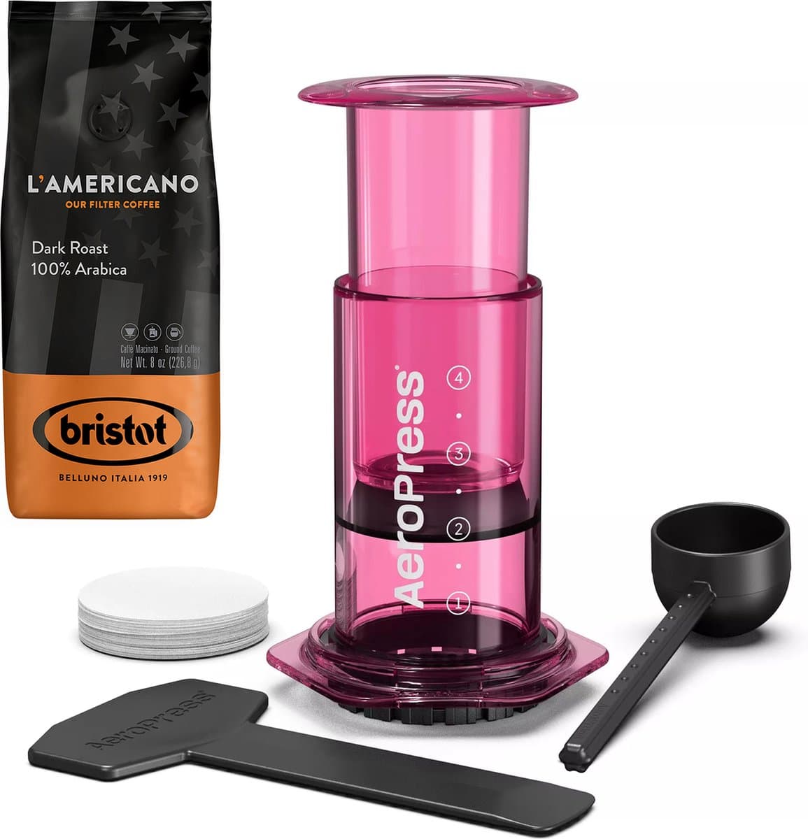 AeroPress Clear Pink Coffee Maker + Bristot l'Americano koffie — afbeelding 1