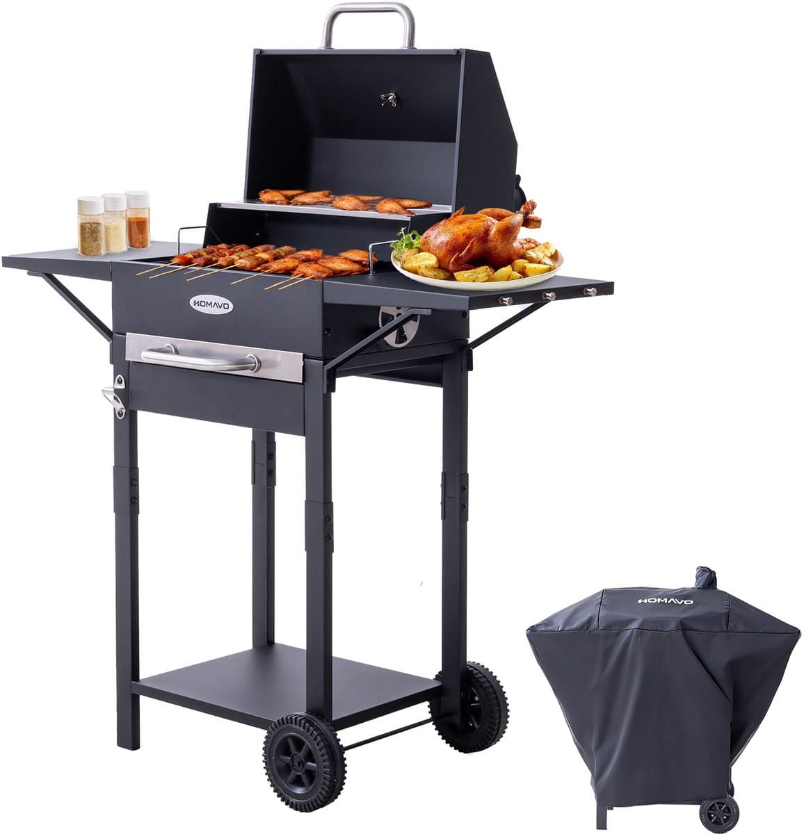 HOMAVO Houtskoolgrill, Barbecue met Deksel, Grilloppervlak: 45×32 cm, 2-standig in hoogte verstelbare kolenbak, Bijzettafel, Thermometer, Met Waterdichte Barbecuehoezen — afbeelding 1