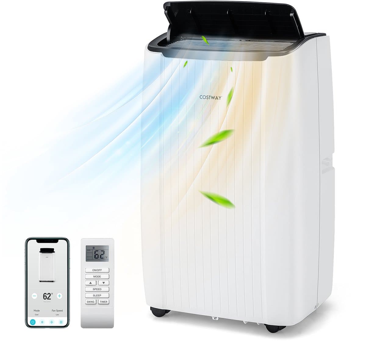 COSTWAY 12000BTU Mobiele airconditioning met afvoerslang, 4-in-1 airconditioner met verwarming, ventilator en ontvochtiger, 24-uurs timer, slaapmodus, afstandsbediening en installatiekit voor ruimtes — afbeelding 1