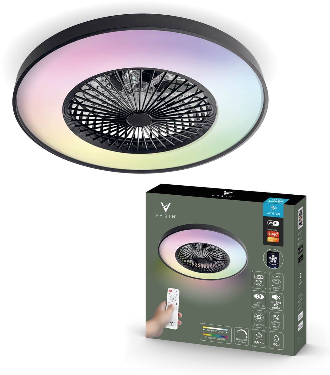 Varin® Plafondventilator met verlichting - Zwart - Tuya Wifi - LED RGBW - Ø 60cm - Super stil - Afstandsbediening smart lamp - Plafondlamp slaapkamer - Plafonniere woonkamer - Plafondlampen - Plafond lamp - Verlichting kinderkamer - Ventilator — afbeelding 1