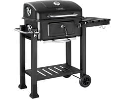 tectake® Houtskool Grill met Thermometer - Smoker op Wielen met Deksel - Barbeque met Opklapbaar Zijrek met Haken - BBQ met in Hoogte Verstelbare Houtskoolbak - Mobiele Grillwagen - Met Aslade en Ventilatieschuiven - Rooster