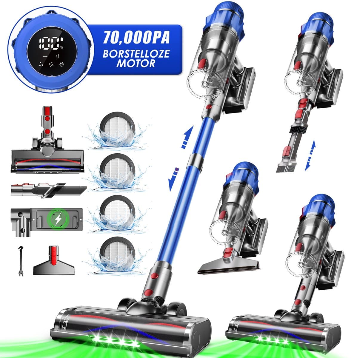 Elekiatech - Steelstofzuiger Draadloos - 65000Pa - 70 Min Gebruikstijd - 8-in-1 Filtersysteem - Blauw — afbeelding 1
