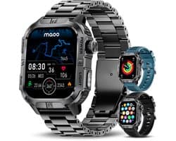 Maoo FORGE GPS Square - GPS Smartwatch Heren - Sporthorloge - 3 Bandjes - Stappenteller - Hartslagmeter - Slaapmonitor - Belfunctie - LED Zaklamp - Multisport - Geschikt voor Android en iOS - Gun Metal Blue