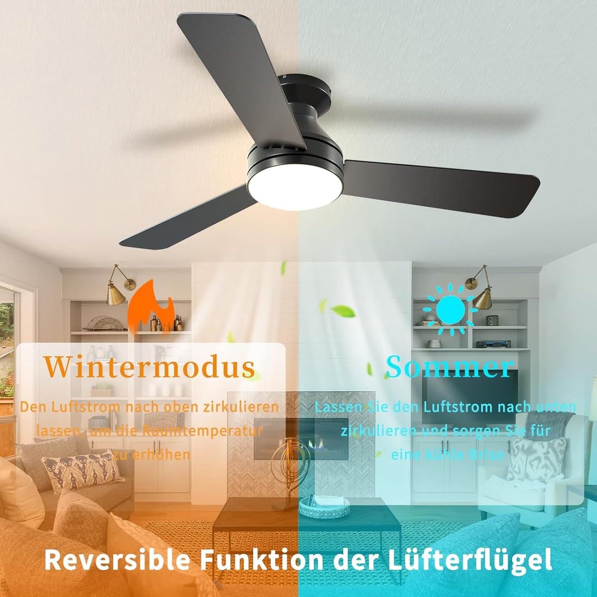 Plafondventilator met Lamp - Ventilatorlamp - Verkoeling en Verlichting - Dubbelzijdig Bladontwerp - 106 cm - Zwart — afbeelding 1