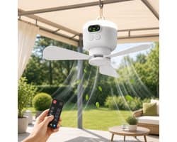 MUPOO Oplaadbare Camping Plafondventilator met LED verlichting - 8000mAh Accu - Afstandsbediening, 4 Standen & Timer - Stille DC Motor, Type-C & Ø27cm - Voor Tent, Caravan, Camper, Overkapping, Veranda & Buiten — afbeelding 1