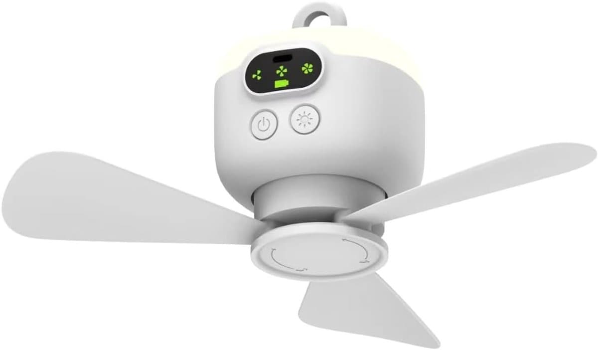 Draagbare Campingventilator 26.9 cm - Oplaadbare Tentventilator met LED-verlichting en Haak - Tijdgestuurde Automatische Uitschakeling - Afneembare Ventilatorbladen - Geschikt voor Tenten - Overkappingen Campers Veranda’s, Strand en Slaapkamers — afbeelding 1
