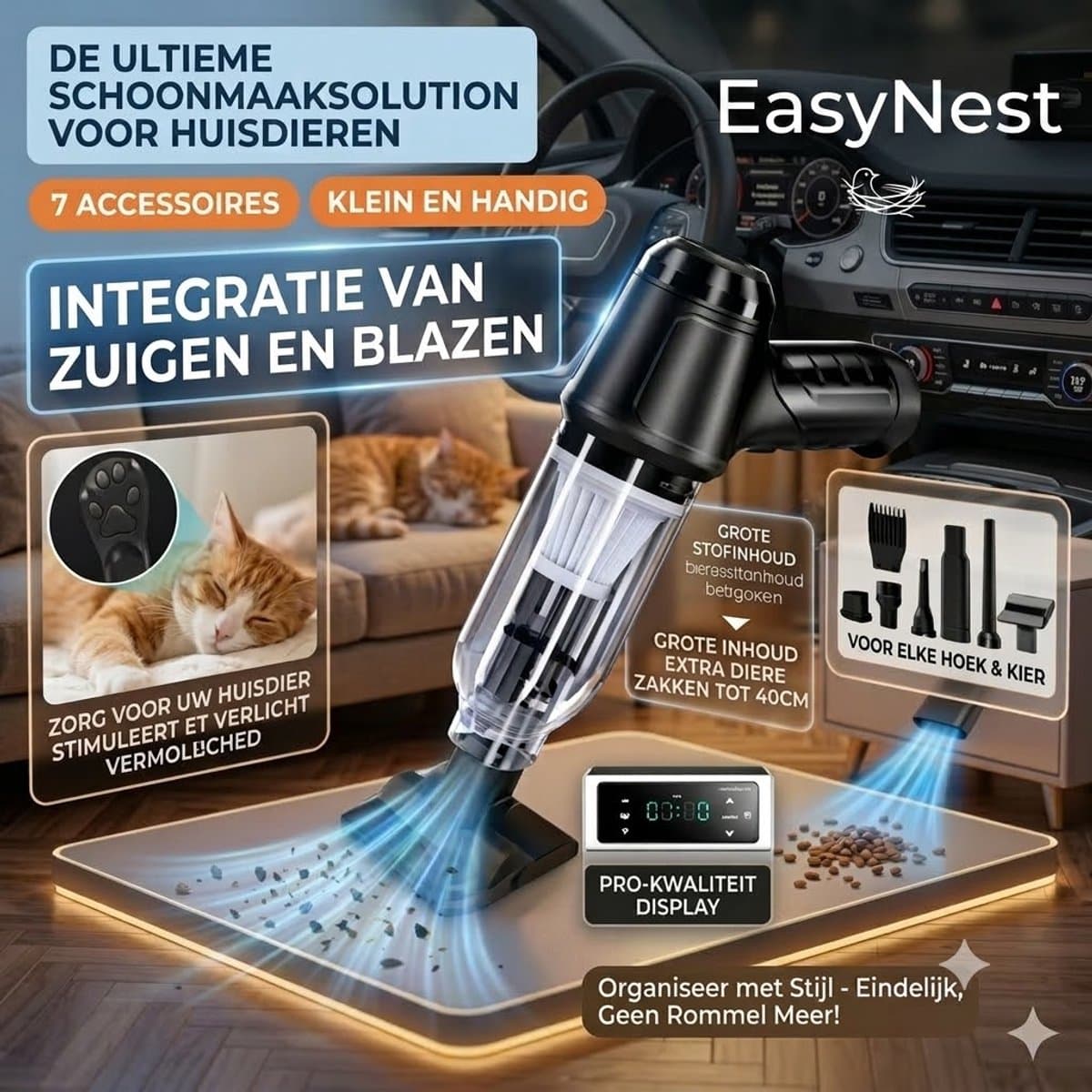 Dierenhaar Verwijderaar & Handstofzuiger – USB Oplaadbare Draadloze Kruimeldief met Zuig- en Blaasfunctie – Voor Hondenhaar, Kattenhaar, Bank, Auto & Tapijt — afbeelding 1