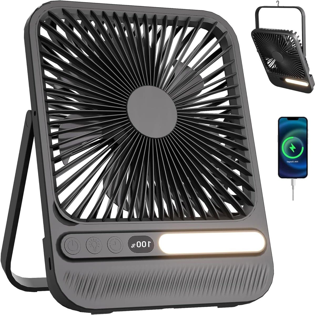 Draagbare Reisventilator - Ventilator met Licht - Koelte Onderweg - 28 Uur Looptijd - 7 Inch - Zwart — afbeelding 1