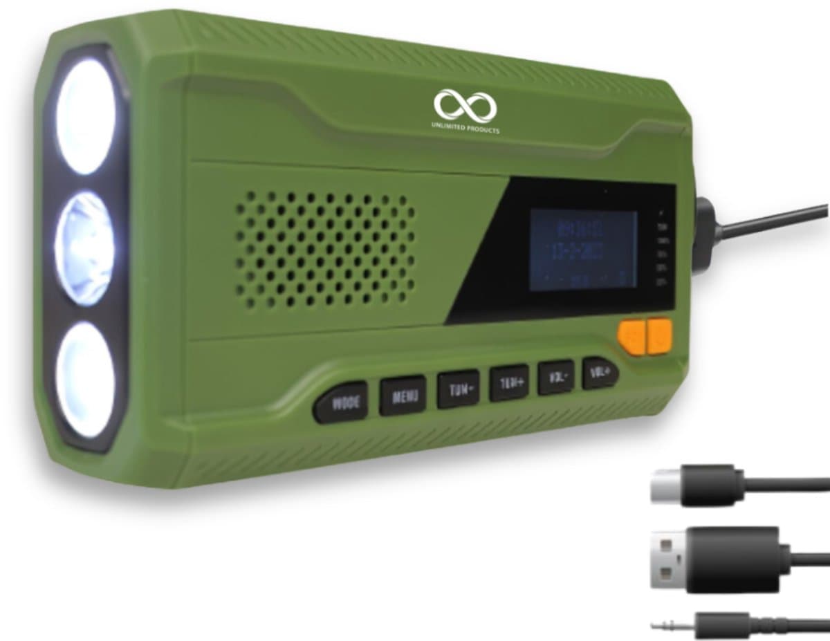 DAB+ Noodradio met Zonnepaneel en Handslinger - Noodradio Solar Opwindbaar - 4500 mAh Powerbank, Bluetooth 5.0, Zaklamp, SOS Sirene - Waterafstotend (IPX5) - Voor Kamperen, Survival, Noodpakket & Noodsituaties — afbeelding 1
