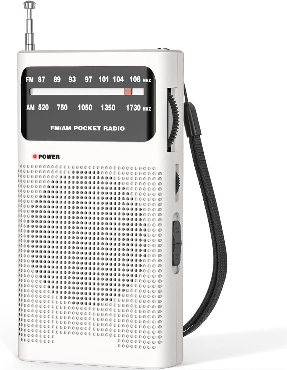 AM/FM-radio draagbaar voor thuis en buiten, transistorradio op 2AA-batterijen met langeafstandsontvangst, luidspreker, transistorantenne, oortelefoonaansluiting, kleine geschenken voor senioren, ouderen - wit — afbeelding 1