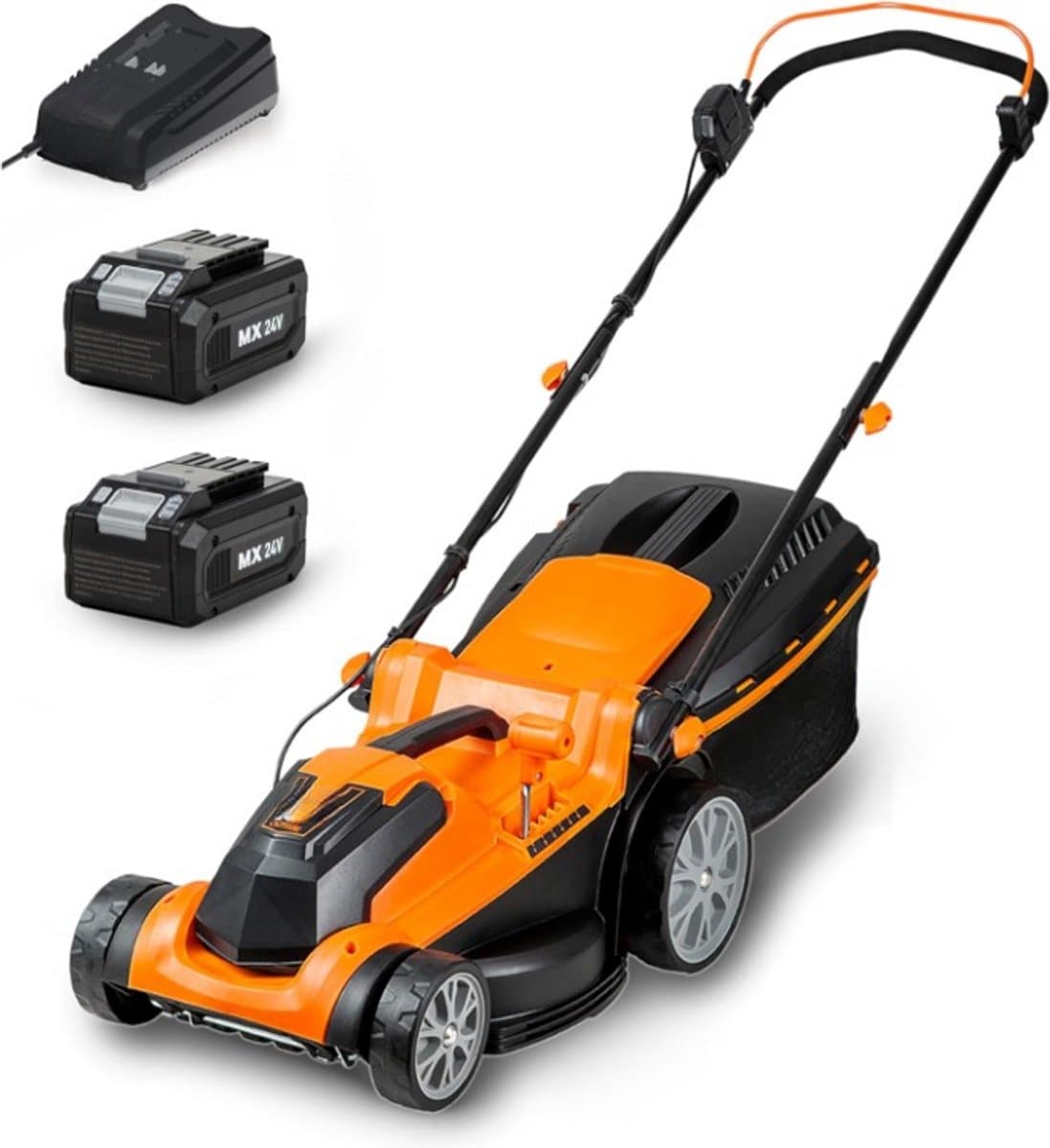 Accugrasmaaier - Elektrische Grasmaaiers - Gazontrimmer - Grastrimmer - met Mulchmaat 40L - Snijbreedte 37cm - Maaibreedte 300m² - Maaihoogte op 6 Niveaus - 2 x 4000 mAh Lithium-ion Accu - Oplader - 24V - Zwart&Oranje — afbeelding 1