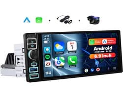Boscer 1Din Autoradio Universeel - Apple Carplay & Android Auto (Draadloos) - Android 15 - 2+64GB - 6.9 Inch IPS HD Touchscreen - GPS Navigatiesysteem - Bluetooth, USB, USB-C, WIFI & MP5 - AHD Achteruitrijcamera & Microfoon