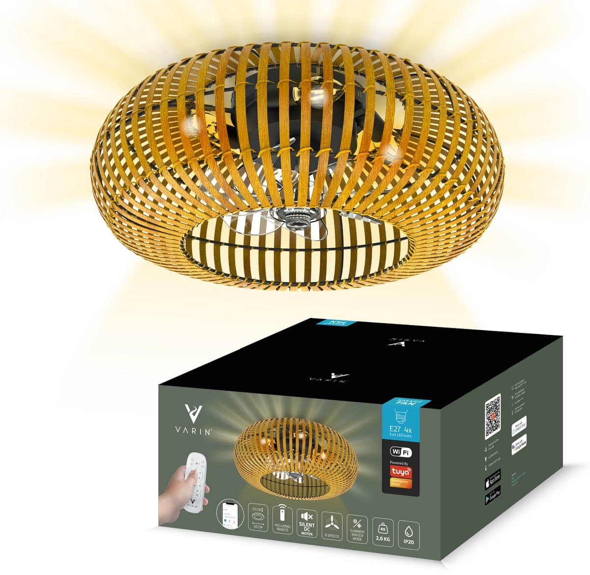 Varin® Smart Ventilator - Bamboe - Tuya Wifi - Ø 50cm - 18W Plafondventilator met verlichting - Smart lamp slaapkamer - Plafonniere kinderkamer - Plafondlampen industrieel - Plafond lamp - Afstandsbediening - Plafond ventilator — afbeelding 1