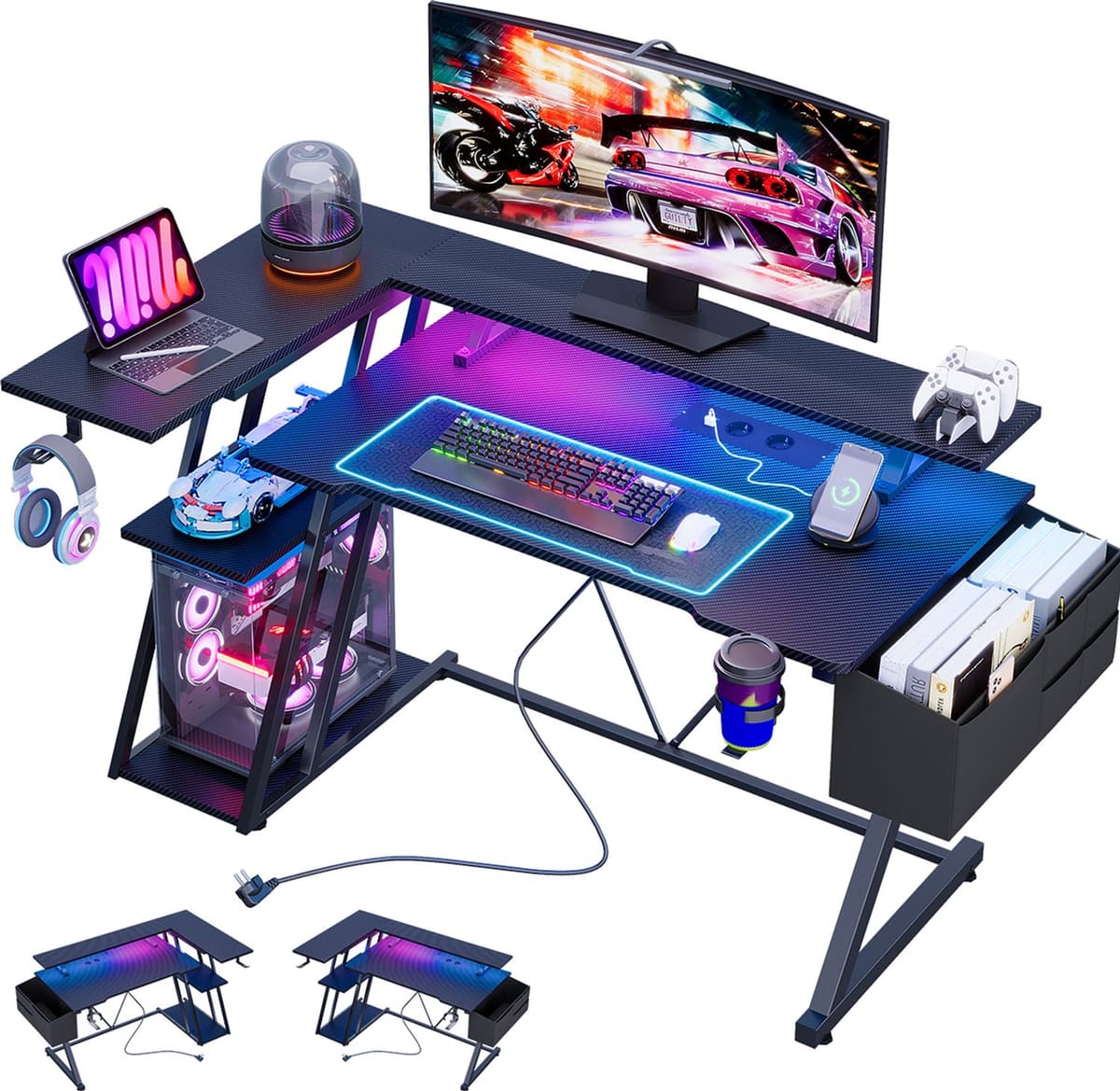 Gaming Bureau met LED Verlichting - 100 X 88 X 65 cm - L-Vormig Hoekbureau met Stopcontacten - Compact Game Bureau - Rek met 3 Niveaus - Met Monitor Standaard - Zwart Koolstofvezel — afbeelding 1