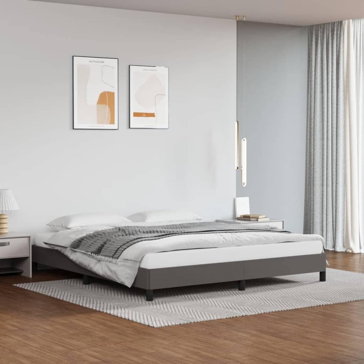Bedframe, grijs, 160 x 200 cm, kunstleer, familiebed, hotelbedframe, bedframe voor slaapkamer, hotel, logeerkamer — afbeelding 1