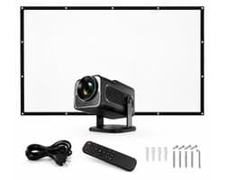 Mini Thuisbioscoop Set - Smart 1080P Full HD Beamer met 100 Inch Projectiescherm - Android 11 & WiFi 6 - 300 ANSI Lumen - Zwart