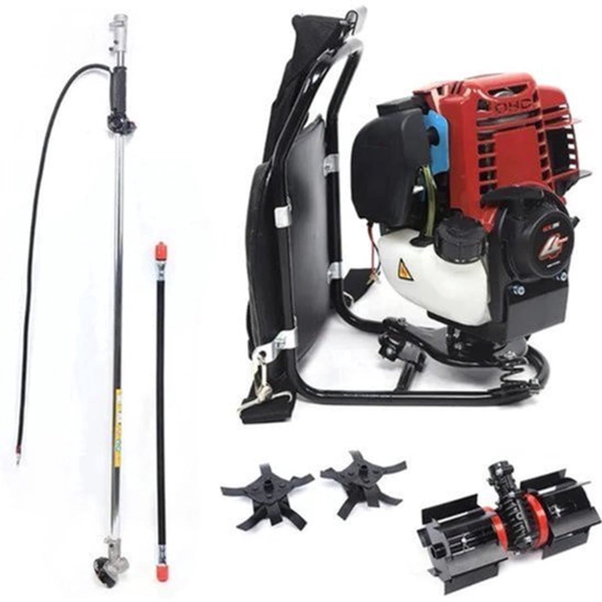 Benzine Grastrimmer - Grasmaaier - Bosmaaier - Kantenmaaier - Tuingereedschap - 35.4CC - 4-Takt 1KW, 4500-8500RPM – Rugzakmodel in Zwart/Rood — afbeelding 1