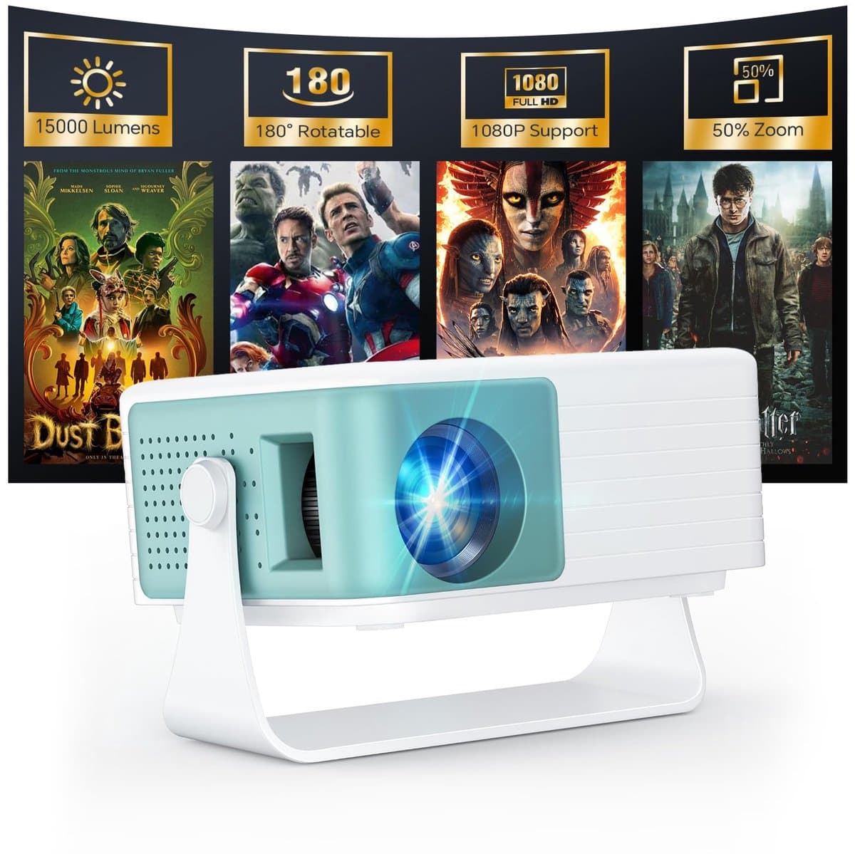 Mini Beamer – Native 720p – 1080p Ondersteuning – Automatische Keystone – 50% Zoom – 180° Draaib — afbeelding 1