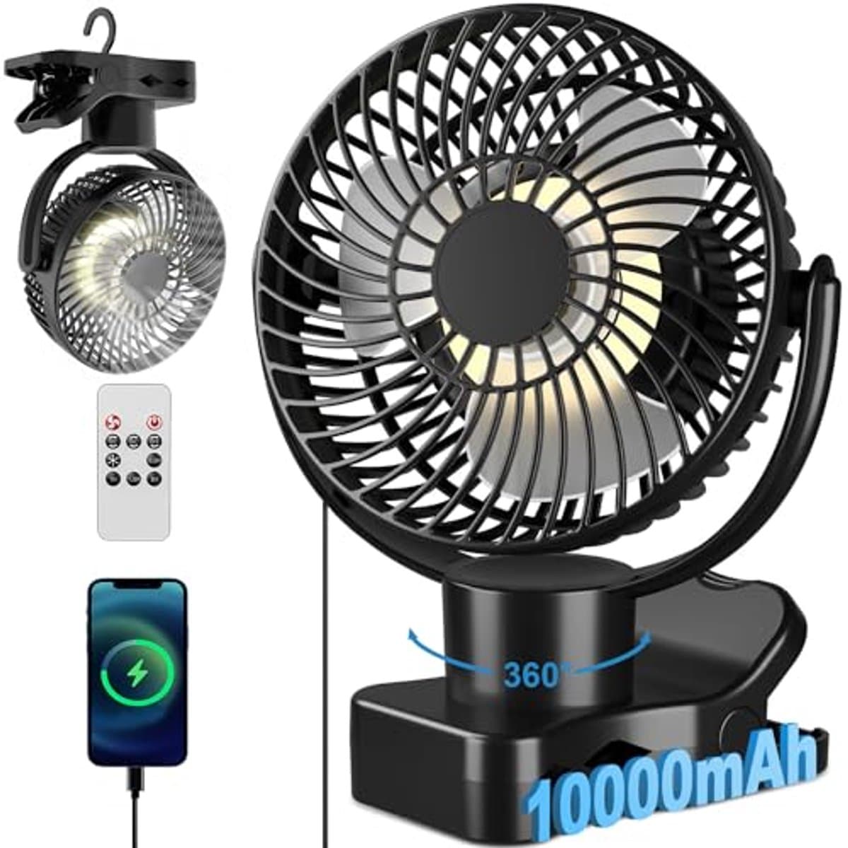 Draagbare 360° Oscillatie USB Tafelventilator met Afstandsbediening en Timer - Stille Campingventilator met 10.000 mAh Accu voor Handig Gebruik — afbeelding 1