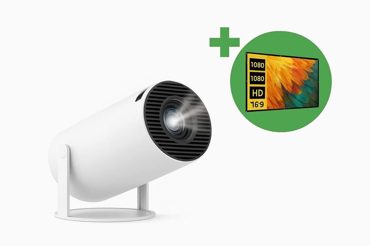 Mini Beamer 2026 + 100'' Projectiedoek – Pro Versie – Draagbare Mini Projector – Android 12.0 – Screen Mirroring – Home Cinema – Compacte Beamer — afbeelding 1
