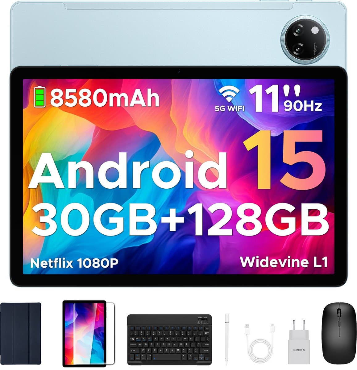 DOOGEE Tab A9 Pro+ Android 15-tablet met toetsenbord 11-inch scherm + 90 Hz verversingssnelheid 6 GB RAM + 128 GB opslagruimte 8580 mAh-batterij Octa-Core T7200-processor 13 MP-camera,Blauw — afbeelding 1