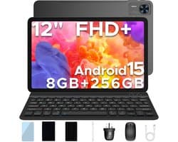 DOOGEE T36 Tablet met toetsenbord 12"+ 90Hz Android 15 32 GB RAM + 256 GB ROM 8800 mAh batterij Twee simkaart BT 5.0 FaceID,Zwart