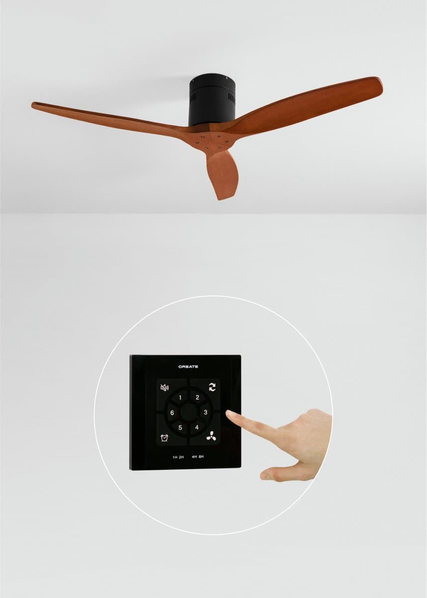 CREATE - Plafondventilator 40W silent 100% hout (Ø132cm) (ruimtes 10m²-25m²) - Zwart / Donker hout - Geen licht - Controller voor wandmontage + afstandsbediening - WIND CALM NATURAL WOOD — afbeelding 1