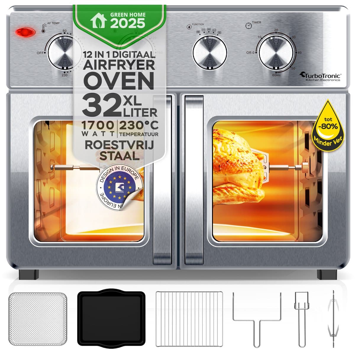 TurboTronic AF32MFD Airfryer Oven XXL – Dubbele Deur – 32L Vrijstaande Mini Oven – Heteluchtoven – Zilver — afbeelding 1
