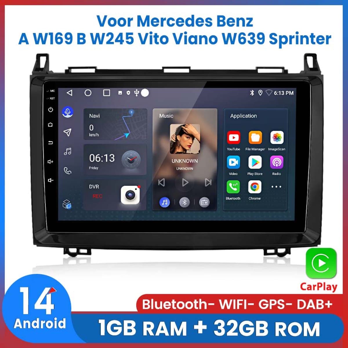 Awesafe Autoradio - Draadloos Apple CarPlay Android Auto - Bluetooth Radio - Geschikt Voor Mercedes Benz W169 W245 B200 W906 - 2004 2005 2006 2007 2008 2009 2010 2011 2012 2013 2014 2015 2016 2017 Sprinter W639 Vito — afbeelding 1