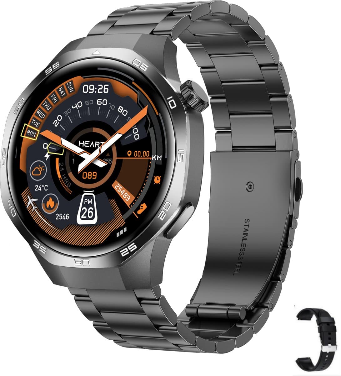 Knobbout 1.53" Stijlvolle Sport Smartwatch – NFC- Kompas, Hoogtemeter, Barometer-Bluetooth Bellen - Draadloos Opladen - hartslag, bloeddruk, zuurstofgehalte (SpO₂) - AI Assistent - medicatie innemen alert - Zwart staal + Siliconen Band — afbeelding 1