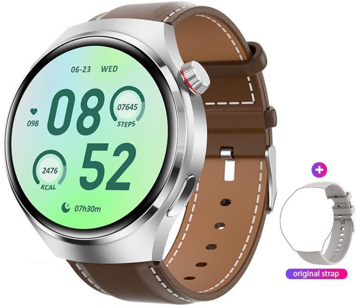 Knobbout 1.6 inch(3.7cm) Stijlvolle HD Kleurenweergave Scherm smartwatch - Ingebouwd Kompas - Hoogtemeter en Barometer - Krachtige NFC-functie - Bluetooth Handsfree Bellen - Dynamische Interactieve Weergave -Bruin leren en siliconen horlogeband — afbeelding 1